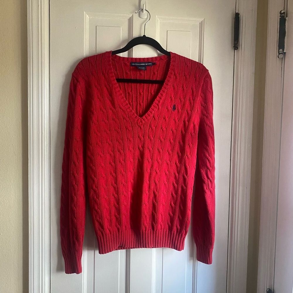 Ralph Lauren Sport Red Cotton Cable Knit V-Neck Sweater, Women’s Large